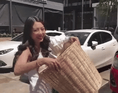 A Woman Is Carrying A Basket In Front Of A White Car . GIF