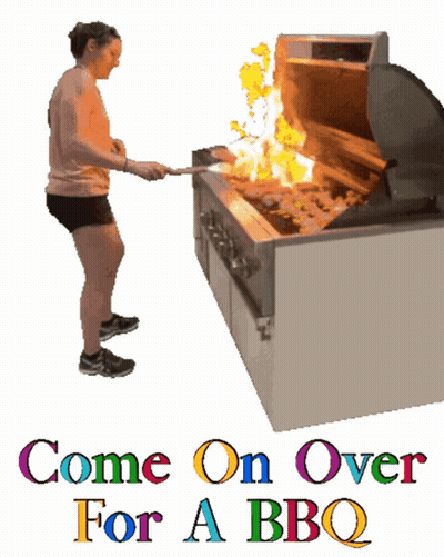 A Woman Is Cooking On A Grill With The Words Come On Over For A Bbq GIF