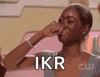 A Woman Is Covering Her Nose With Her Hand And The Word Ikr Is On The Bottom . GIF