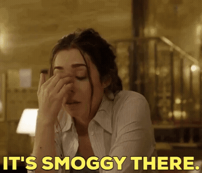 A Woman Is Covering Her Nose With Her Hand And The Words `` It 'S Smoggy There '' Are Written Above Her . GIF