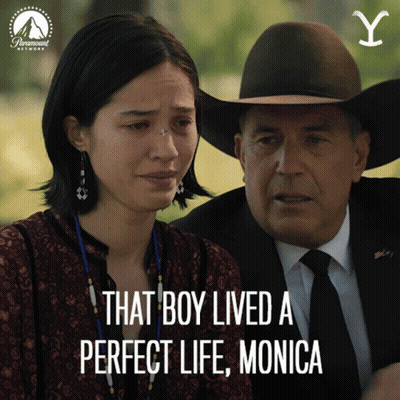 A Woman Is Crying Next To A Man In A Suit And Tie With The Words That Boy Lived A Perfect Life Monica On The Bottom GIF