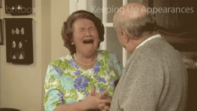 A Woman Is Crying While Standing Next To A Man With The Words " Keeping Up Appearances " In The Corner GIF