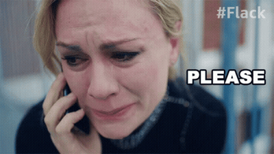 A Woman Is Crying While Talking On A Phone And The Word Please Is Above Her Head GIF