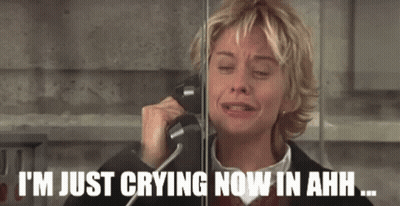 A Woman Is Crying While Talking On A Phone With The Caption I 'M Just Crying Now In Ahh GIF