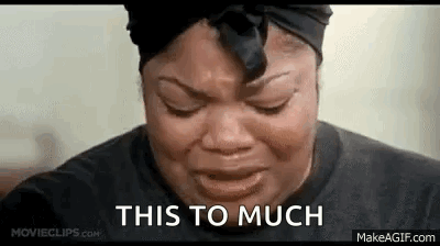 A Woman Is Crying With Her Eyes Closed And The Words `` This To Much '' Written Next To Her . GIF