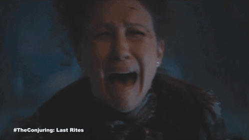 A Woman Is Crying With The Conjuring Last Rites Written In The Corner GIF