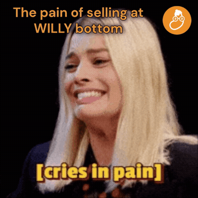 A Woman Is Crying With The Words " The Pain Of Selling At Willy Bottom [ Cries In Pain ] " Below Her GIF