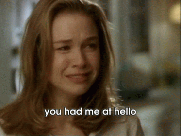 A Woman Is Crying With The Words You Had Me At Hello Above Her GIF
