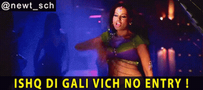 A Woman Is Dancing In A Dark Room With The Words Ishq Di Gali Vich No Entry Below Her GIF