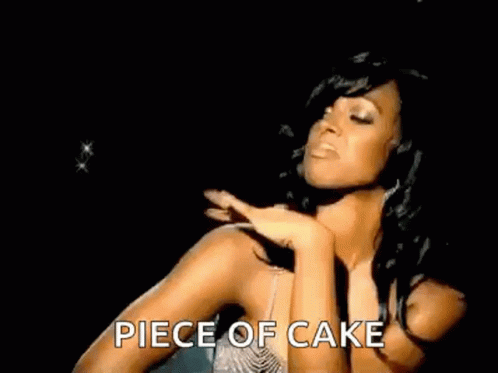 A Woman Is Dancing In A Dark Room With The Words `` Piece Of Cake '' Written On Her Face . GIF