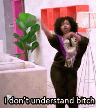 A Woman Is Dancing In A Living Room With The Words " I Don T Understand Bitch " Written Below Her GIF