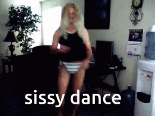 A Woman Is Dancing In A Living Room With The Words Sissy Dance Written On The Bottom GIF