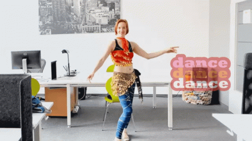 Woman Dancing In Office With Dance Words GIF