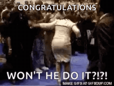 A Woman Is Dancing In Front Of A Crowd With The Words Congratulations Won 'T He Do It ? GIF