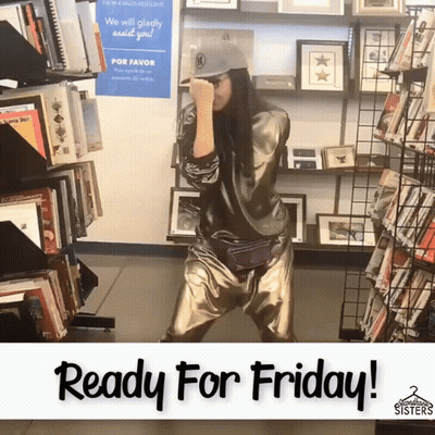 A Woman Is Dancing In Front Of A Sign That Says " Ready For Friday " GIF