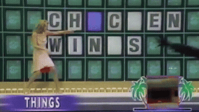 A Woman Is Dancing In Front Of A Wheel Of Fortune Board That Says " Chicken Wins " GIF