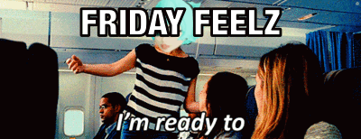 A Woman Is Dancing On An Airplane With The Words Friday Feelz I 'M Ready To Below Her GIF