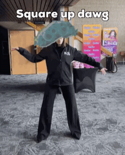 A Woman Is Dancing With A Turtle On Her Head And The Words Square Up Dawg On The Bottom GIF