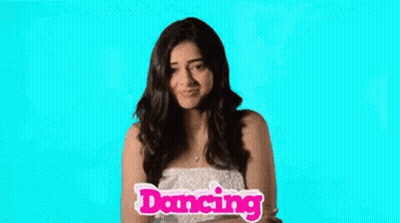 A Woman Is Dancing With Her Arms Outstretched In Front Of A Blue Background With The Word Dancing On It . GIF