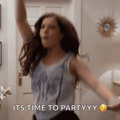 A Woman Is Dancing With The Words Its Time To Partyyy Written Below Her GIF