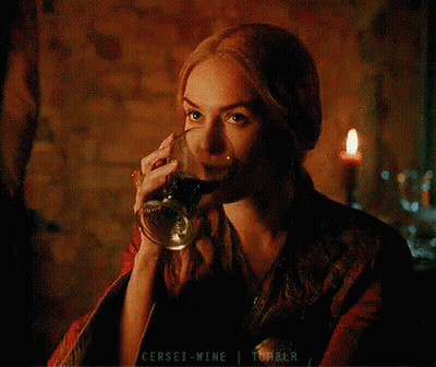 A Woman Is Drinking A Glass Of Wine And The Words Cersei-Mine Tumblr Are On The Bottom Of The Screen GIF