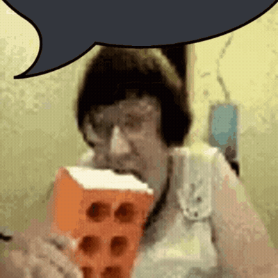 A Woman Is Eating A Brick With A Speech Bubble Above Her Head GIF