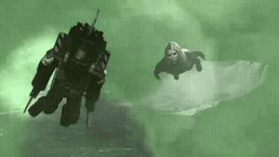 A Woman Is Flying In The Air Next To A Robot GIF
