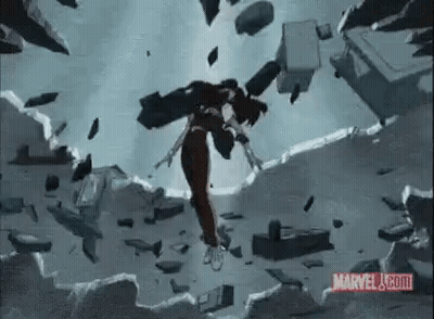 A Woman Is Flying Through The Air In A Cartoon While A Building Is Being Destroyed . GIF