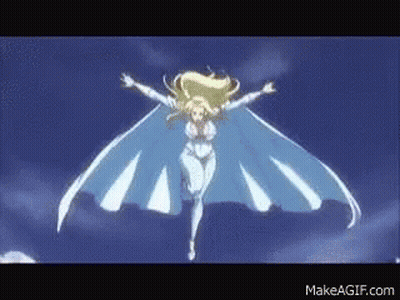 A Woman Is Flying Through The Air With Her Wings Outstretched . GIF