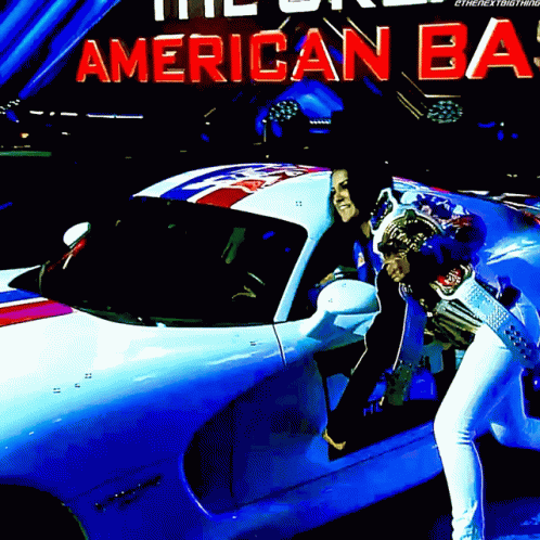 A Woman Is Getting Out Of A Sports Car Under A Sign That Says American Ba GIF