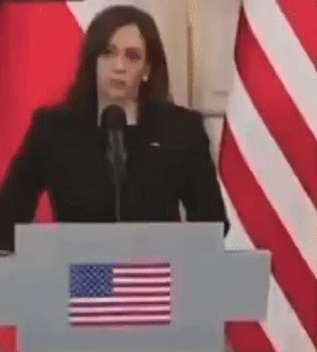 A Woman Is Giving A Speech At A Podium With An American Flag In Front Of Her GIF