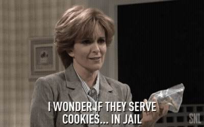 A Woman Is Holding A Bag Of Cookies And Saying " I Wonder If They Serve Cookies ... In Jail " GIF