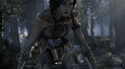 A Woman Is Holding A Blue Light Saber With A Belt That Says ' Stealth ' On It GIF