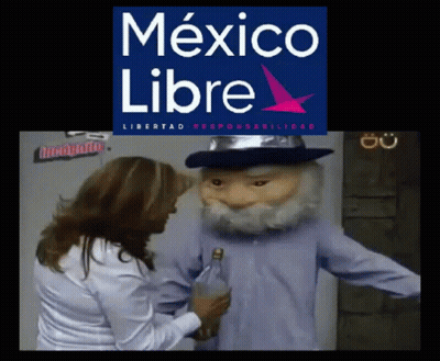 A Woman Is Holding A Bottle Of Alcohol Next To A Mascot That Says Mexico Libre GIF