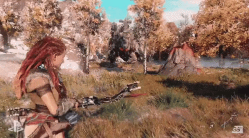 A Woman Is Holding A Bow In A Video Game GIF