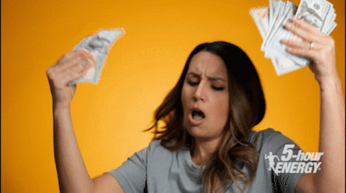 A Woman Is Holding A Bunch Of Money In Her Hands With A 5 Hour Energy Logo On The Bottom GIF