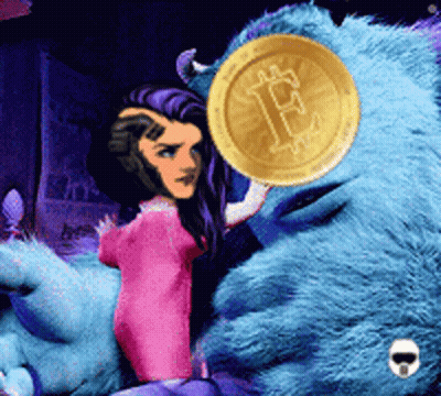 A Woman Is Holding A Coin With The Letter B On It GIF