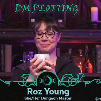 A Woman Is Holding A Cup In Front Of A Bookshelf With The Name Roz Young On The Bottom GIF