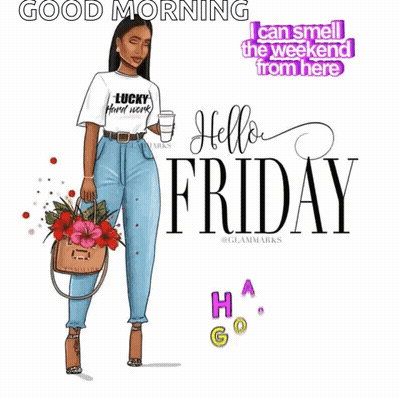 A Woman Is Holding A Cup Of Coffee And A Basket Of Flowers On A Good Morning Friday Greeting Card . GIF
