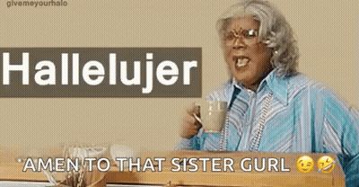 A Woman Is Holding A Cup Of Coffee And Saying Amen To That Sister Gurl GIF