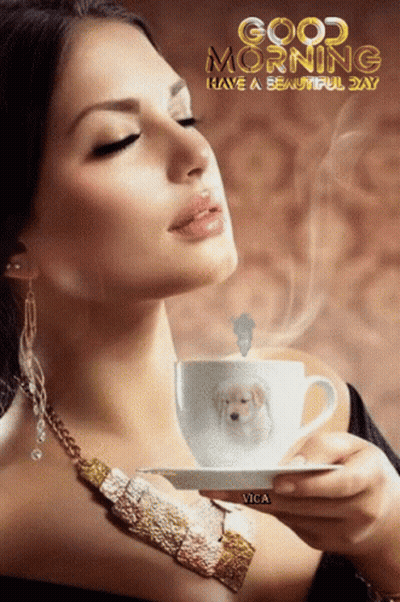 A Woman Is Holding A Cup Of Coffee And The Words Good Morning Have A Beautiful Day Are Above Her GIF