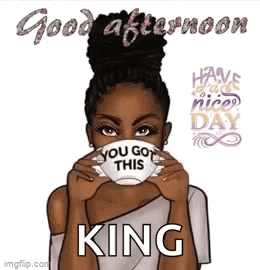A Woman Is Holding A Cup Of Coffee In Front Of Her Face With The Words `` You Got This King '' Written On It . GIF