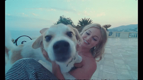 A Woman Is Holding A Dog In Her Arms And The Dog Is Looking At The Camera GIF