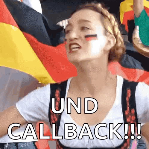 A Woman Is Holding A German Flag And Says " Und Callback " GIF