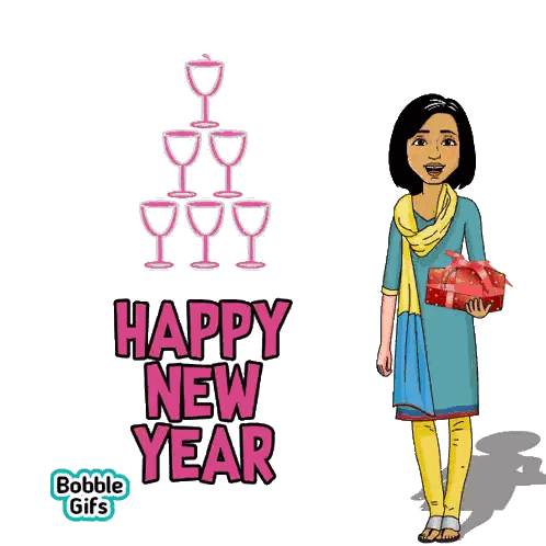 A Woman Is Holding A Gift In Front Of A Happy New Year Greeting Card Sticker
