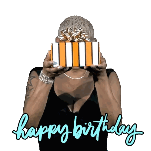 A Woman Is Holding A Gift In Front Of Her Face With The Words Happy Birthday Written Below Her Sticker