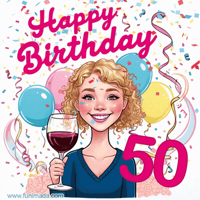 A Woman Is Holding A Glass Of Wine In Front Of Balloons And Confetti And Says Happy Birthday 50 GIF