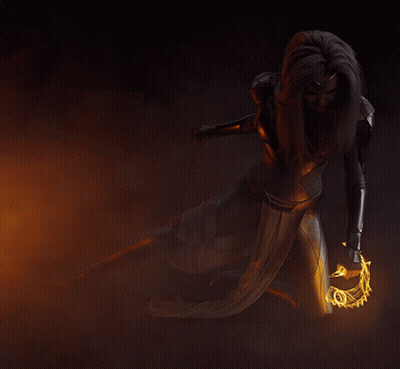 A Woman Is Holding A Glowing Sword In Her Hand GIF