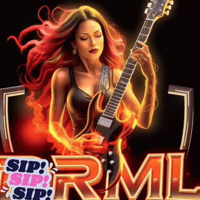 A Woman Is Holding A Guitar In Front Of A Sign That Says Rml GIF