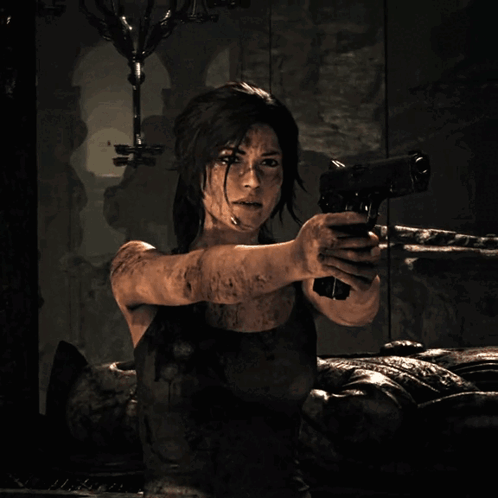 A Woman Is Holding A Gun In Front Of A Sign That Says " Who " GIF